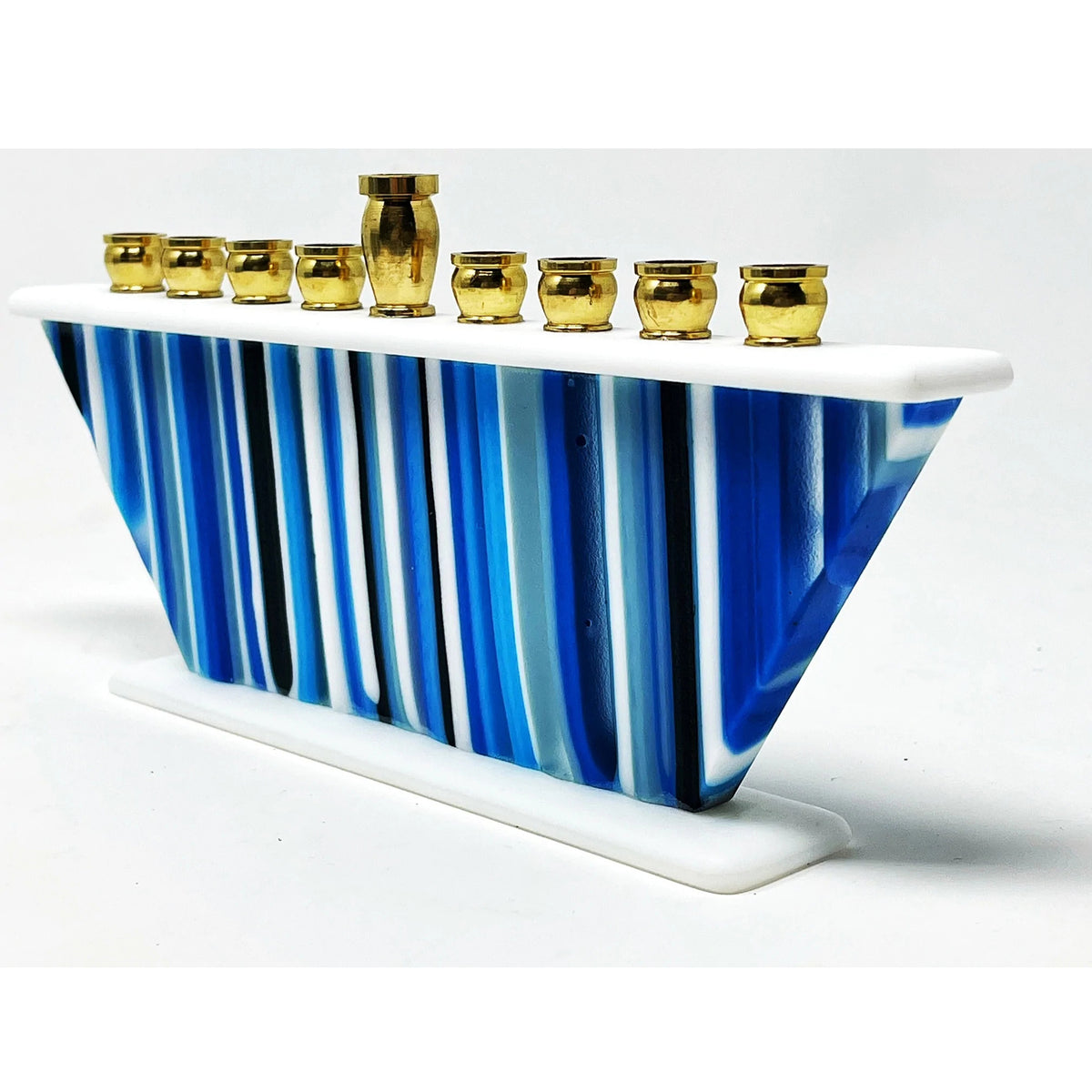 Blue & White Menorah side view - Petroff Gallery - Judaica