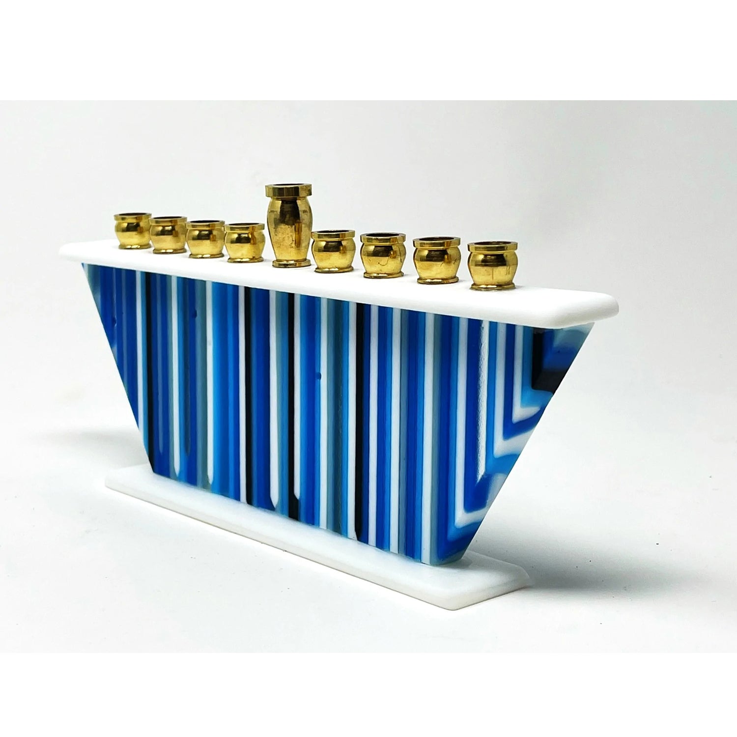Blue & White Menorah Side View 2 - Petroff Gallery - Judaica