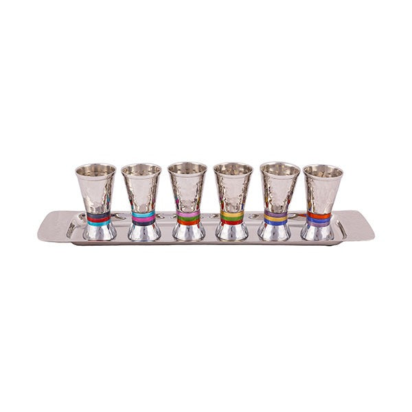 Kiddush Cup Set Hammer Work and Multicolour Rings - Petroff Gallery - Judaica