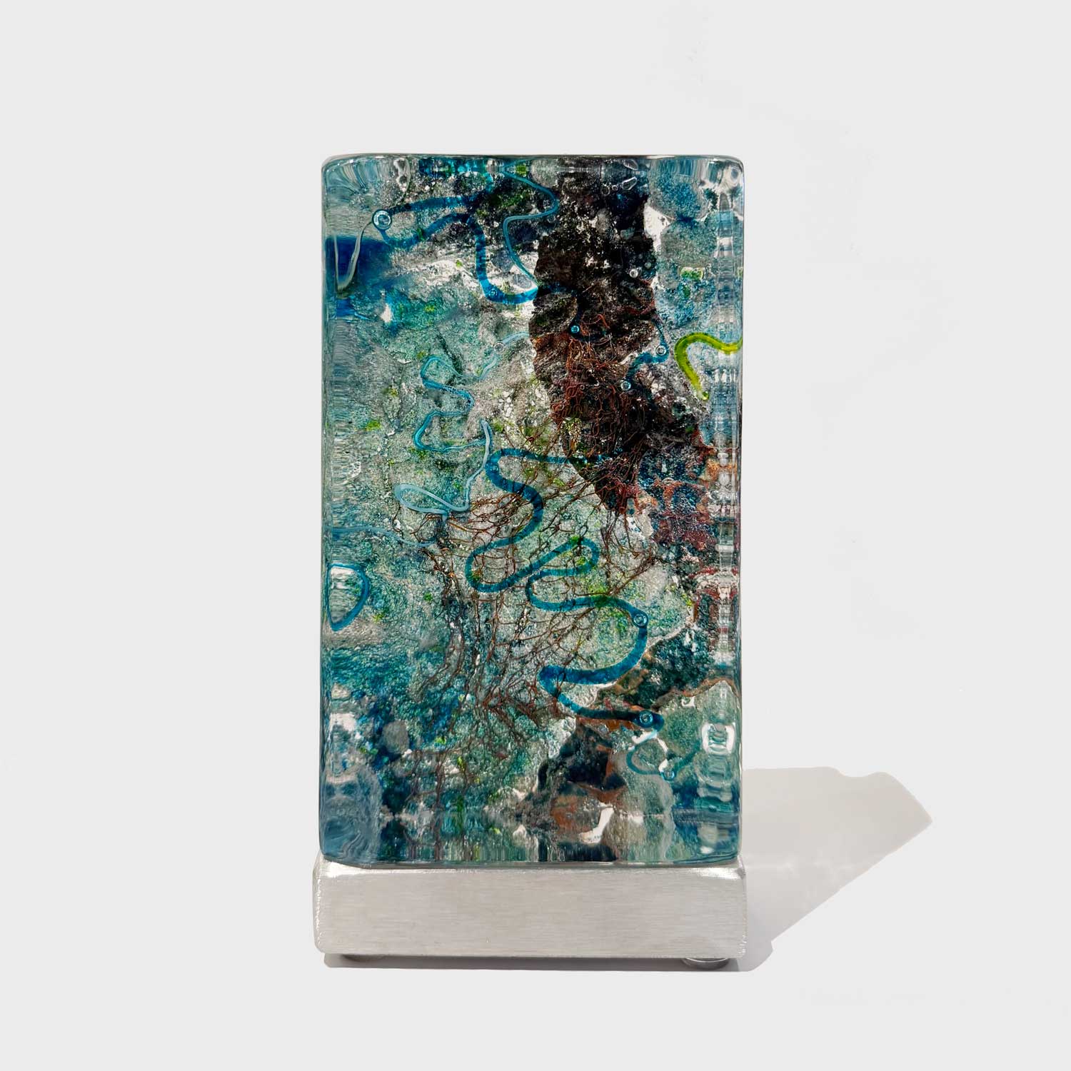 Teal Aquascape Tower with Copper Foil - Petroff Gallery - Glass Art