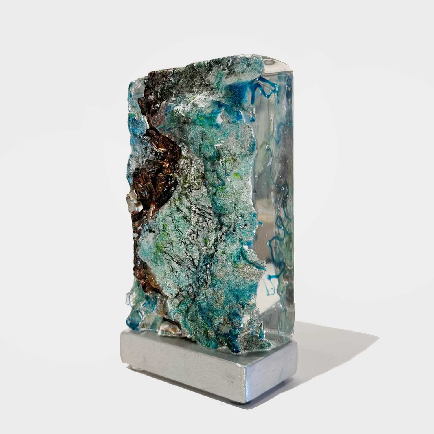Teal Aquascape Tower with Copper Foil - Petroff Gallery - Glass Art