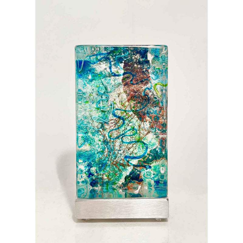 Teal Aquascape Tower with Copper Foil - Petroff Gallery - Glass art