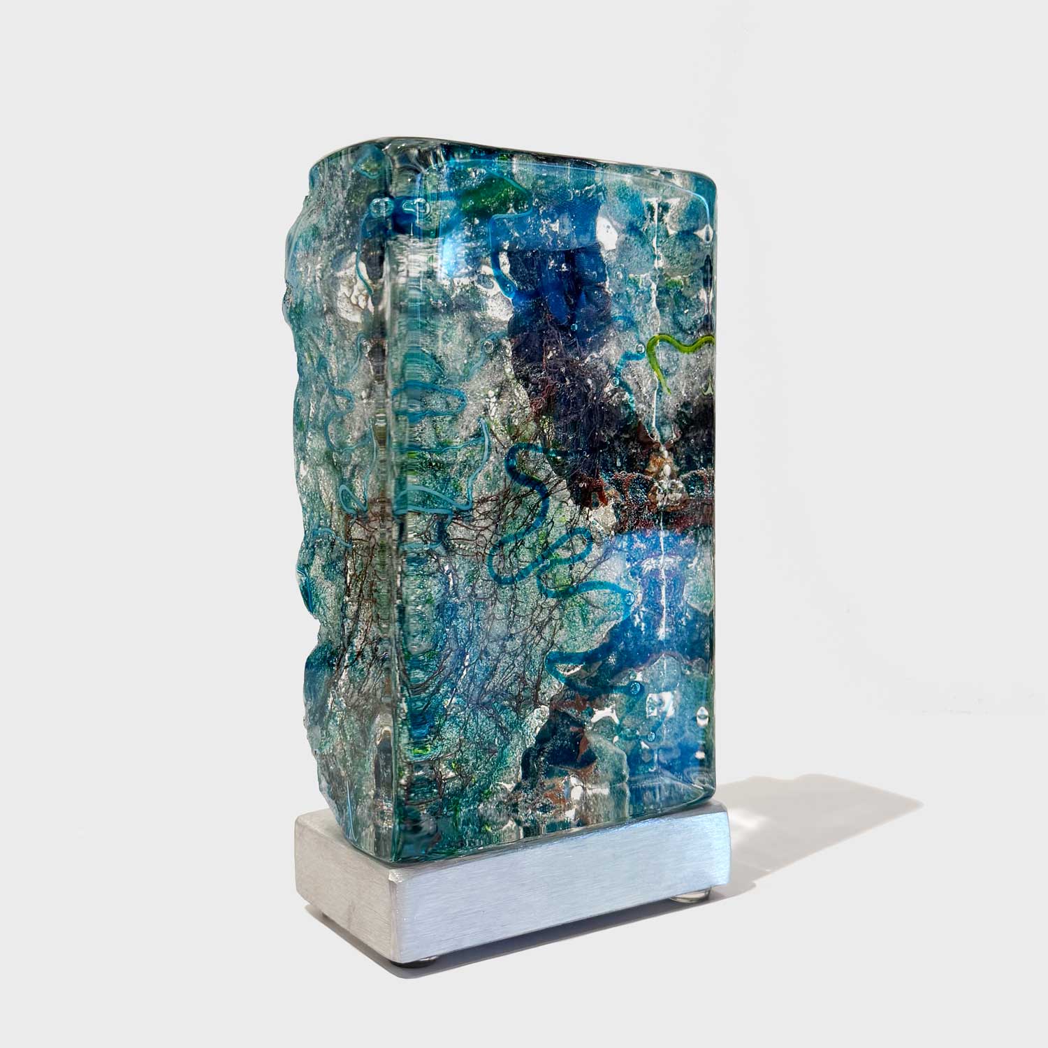 Teal Aquascape Tower with Copper Foil - Petroff Gallery - Glass Art