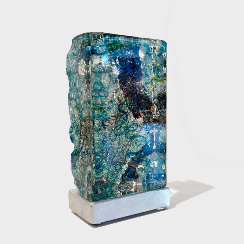 Teal Aquascape Tower with Copper Foil - Petroff Gallery - Glass Art