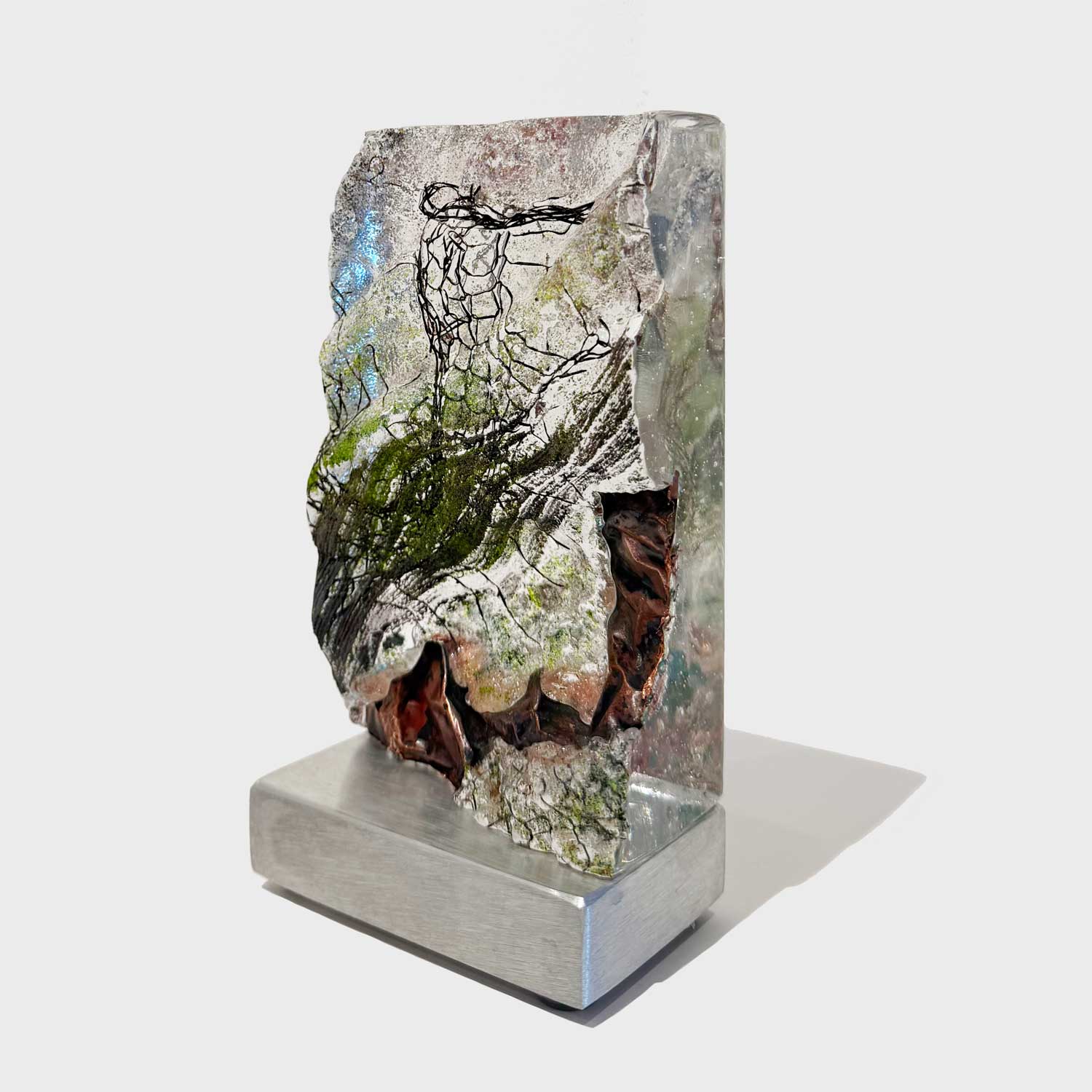 Greenish Copper Riverscape Tower with Copper Mesh - Petroff Gallery - Glass Art
