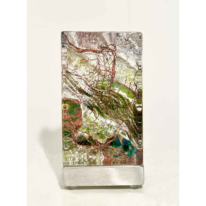 Greenish Copper Riverscape Tower with Copper Mesh - Petroff Gallery - Glass art