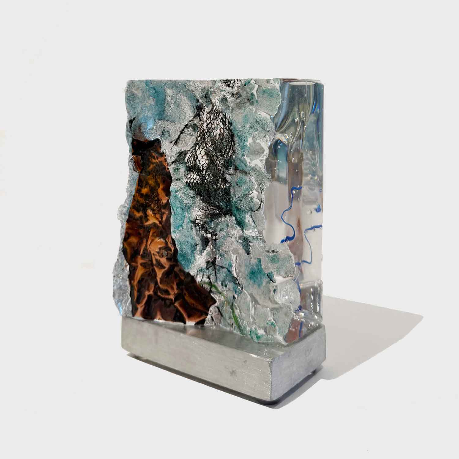 Aqua Copperscape Tower with Blue Thread - Petroff Gallery - Glass Art