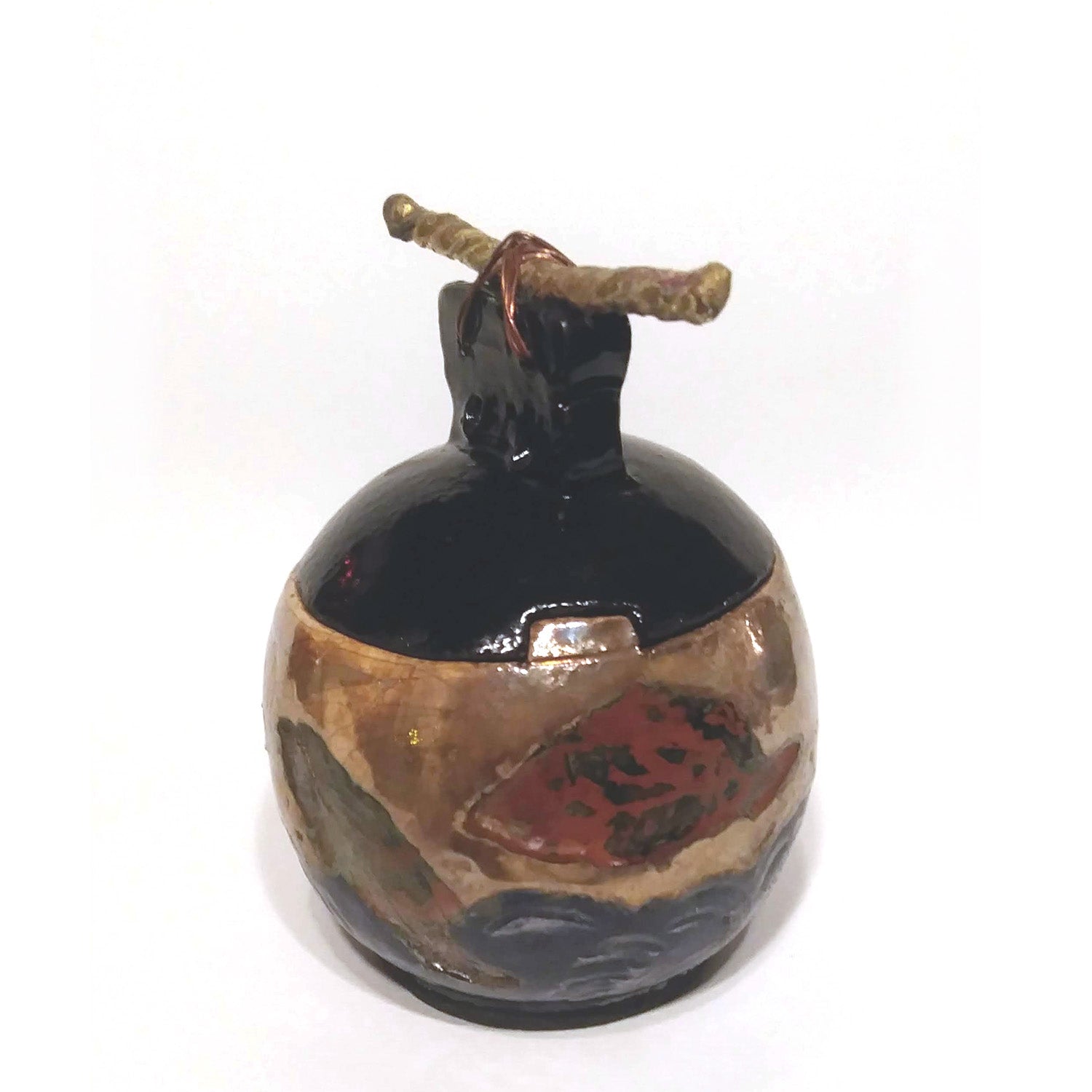 Black & Silver Jar with fish motif - Petroff Gallery -  - Richard & susan surette- black and silver jar with fish motif and brass handle