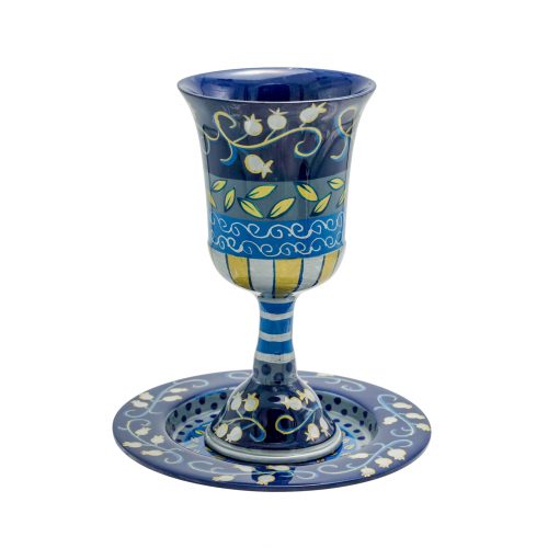 Hand-Painted Blue Pomegranate Kiddush Cup - Petroff Gallery - Judaica