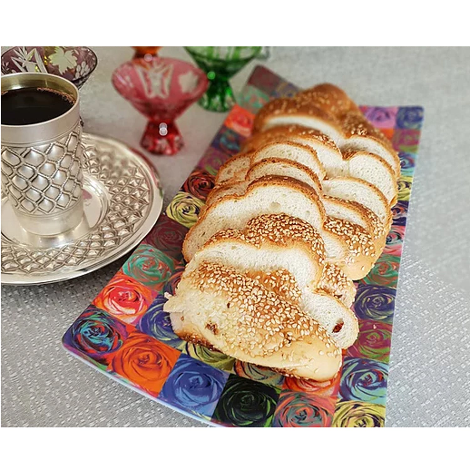 Challah Tray Flowers - Petroff Gallery - Judaica