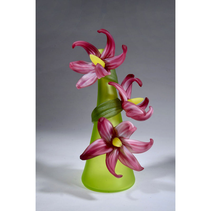 Large Sprig Vase Lime with Pink Lilies - Petroff Gallery - Glass Art