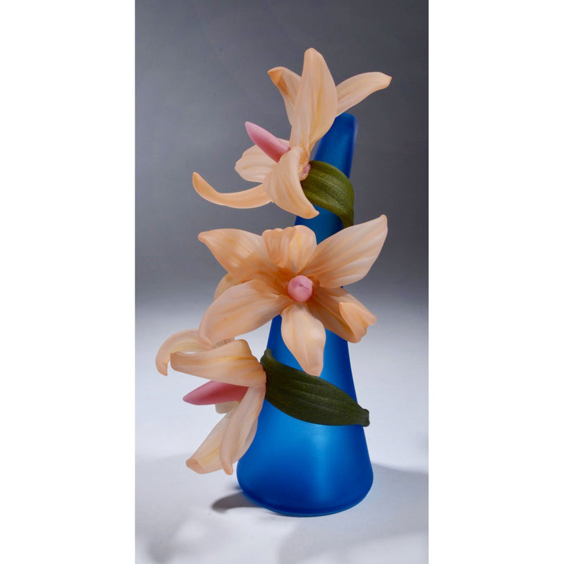 Large Sprig Vase Aqua with Salmon Lilies - Petroff Gallery - Glass Art