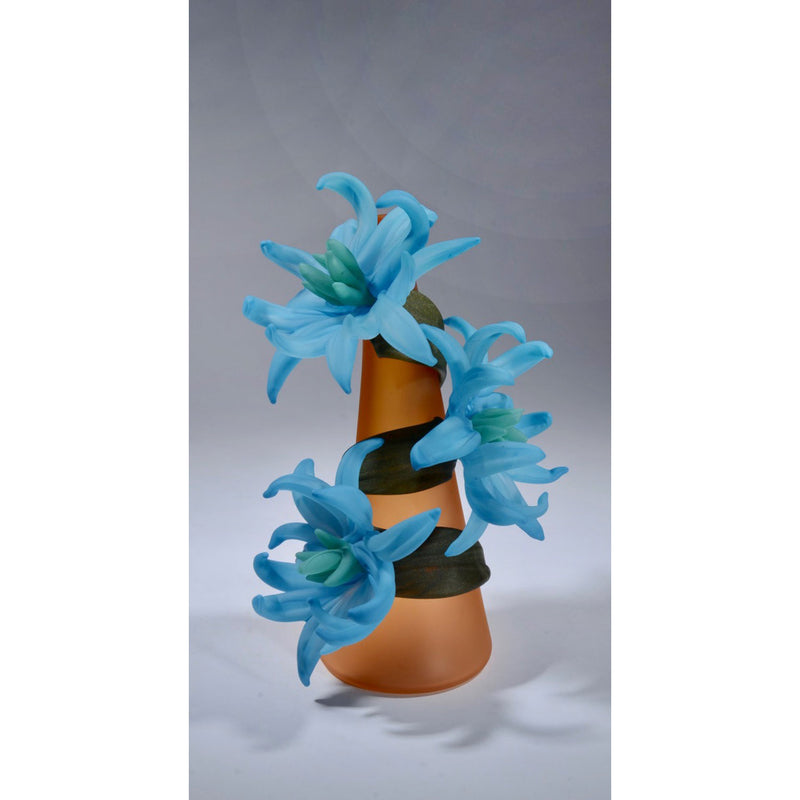 Sprig Vase Aqua with Blue Daisies - Petroff Gallery - Glass Art