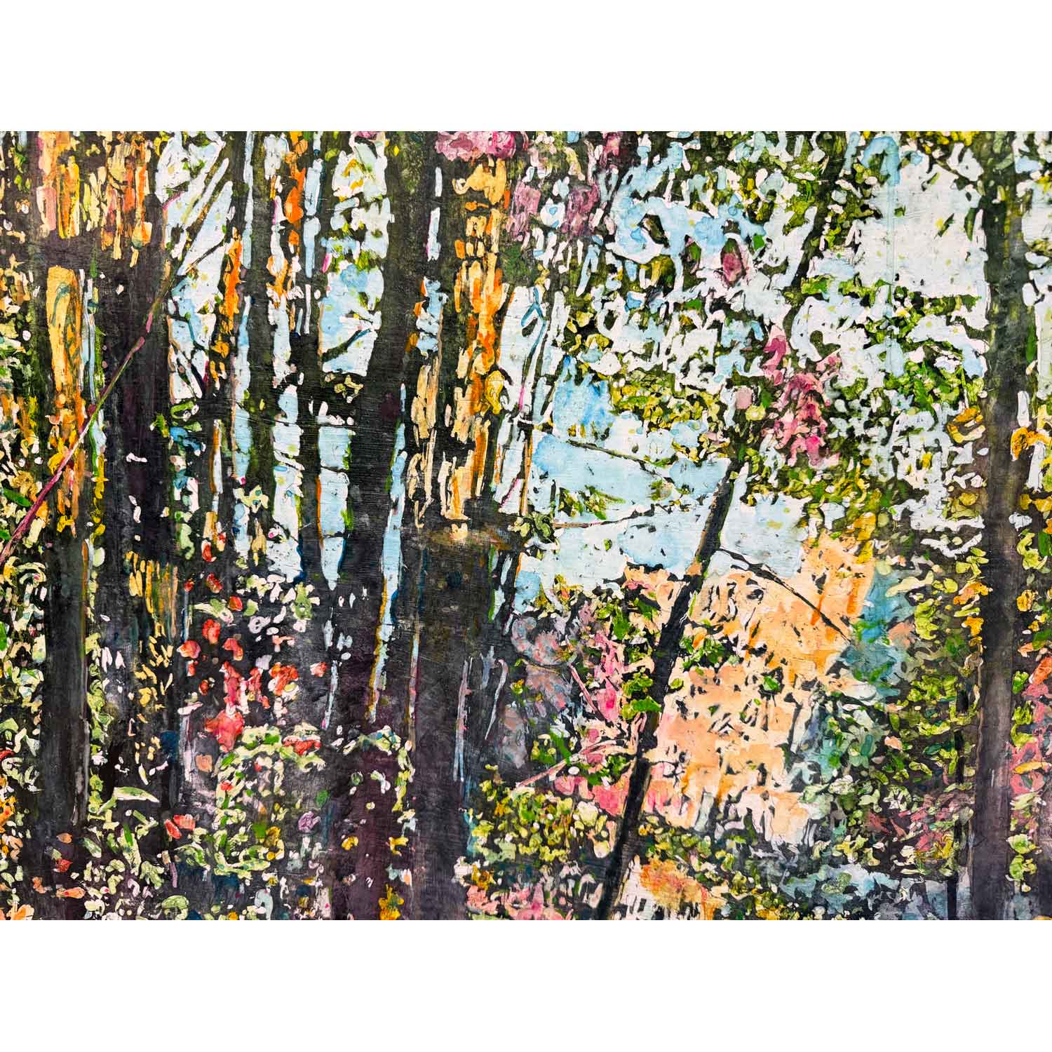 Day Full of Raining Leaves, Lake McDonald 27" x 21" Detail View - Petroff Gallery - Painting