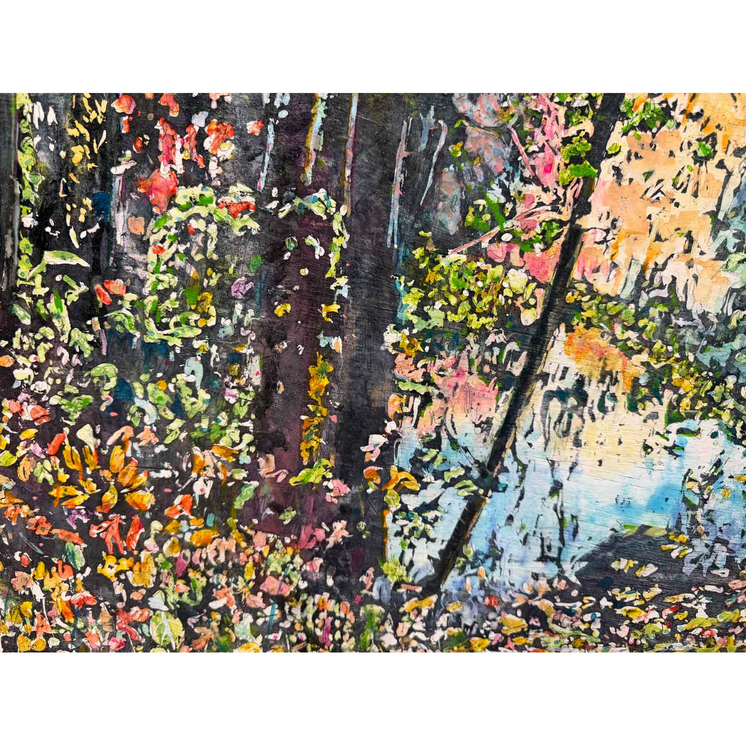 Day Full of Raining Leaves, Lake McDonald 27" x 21" Detail View - Petroff Gallery - Painting