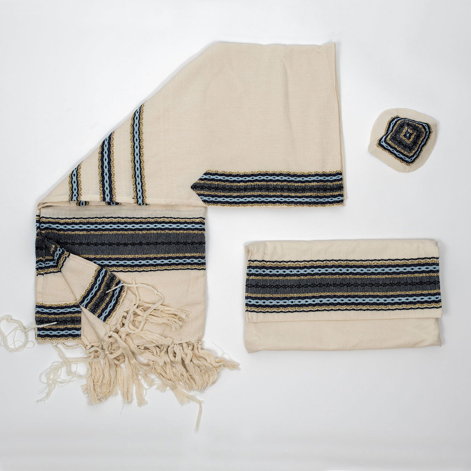 Blue and Gold Cotton Adam Tallit - PEtroff Gallery - Judaica 