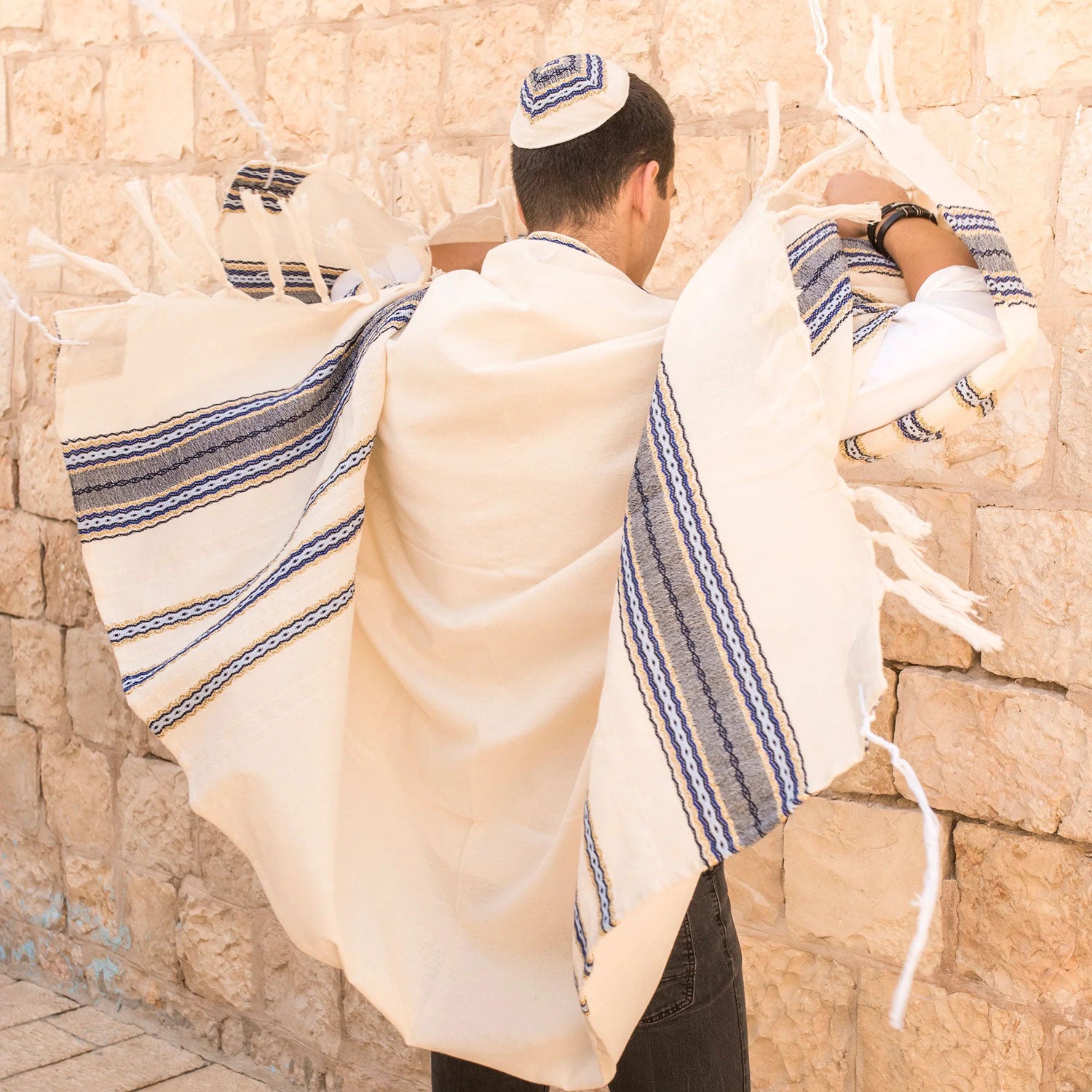 Blue and Gold Cotton Adam Tallit - PEtroff Gallery - Judaica 