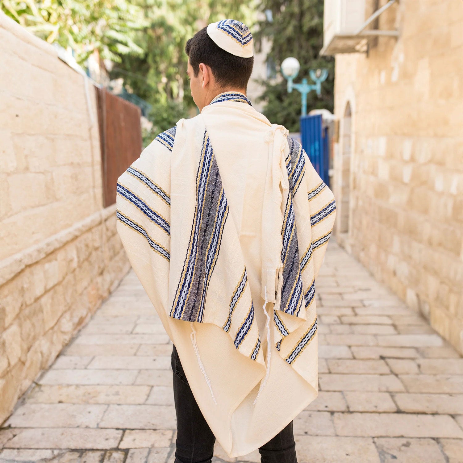 Blue and Gold Cotton Adam Tallit - PEtroff Gallery - Judaica 