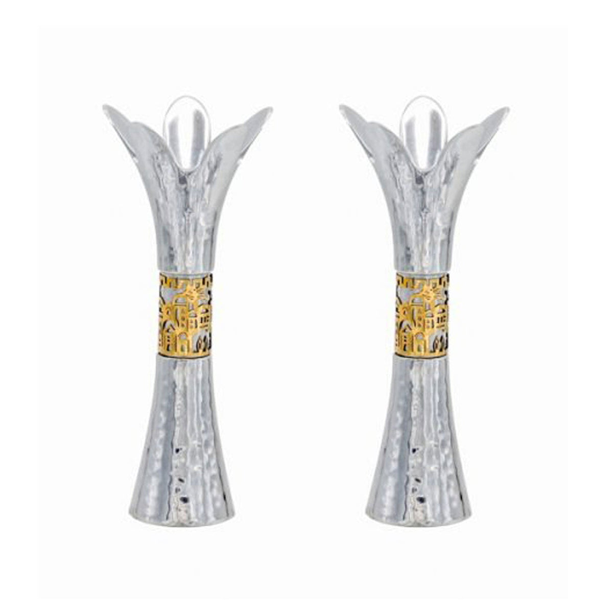 Silver Flower Candlesticks Gold Metal Cutout- Petroff Gallery - Judaica