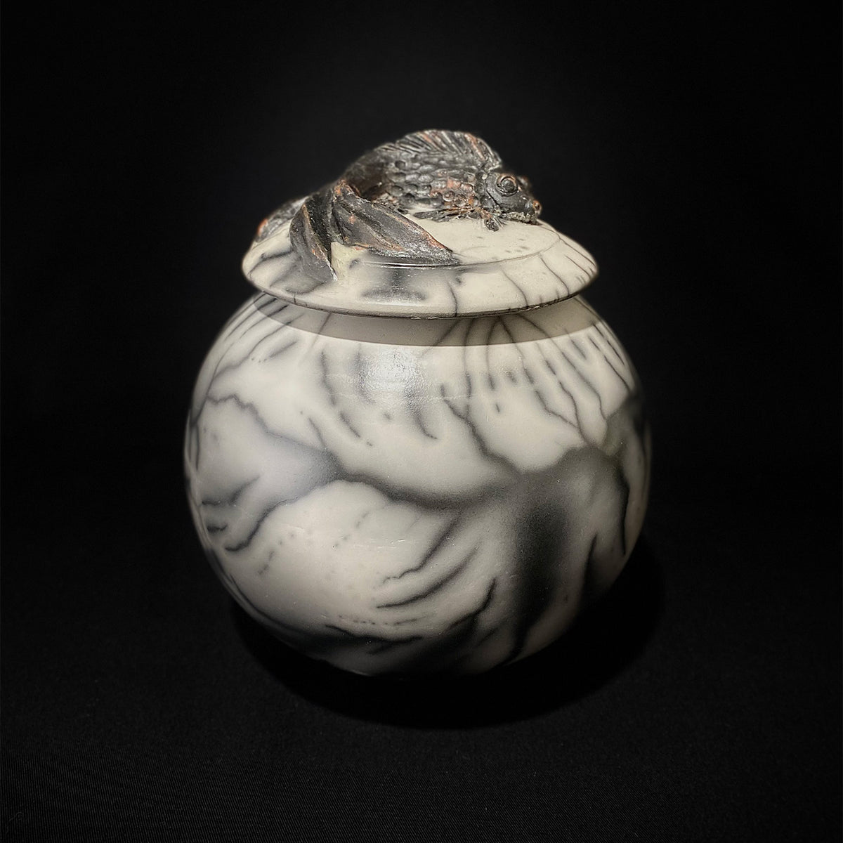 Mary Goh - Naked Raku Lidded Koi Vase, 7.5" x 6" x 6"