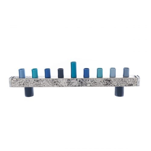 Hammer Work Menorah with Blue Strip - Petroff Gallery - Judaica