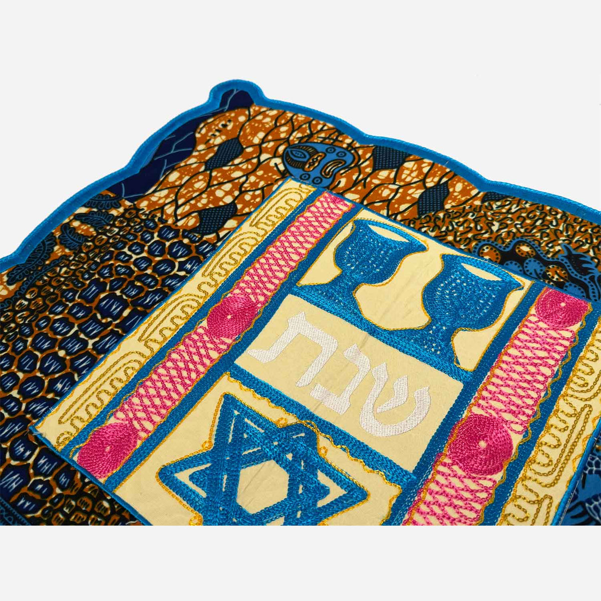 Challah Cover Kiddush Cups Magen David Tan/Blue - Petroff Gallery - Judaica
