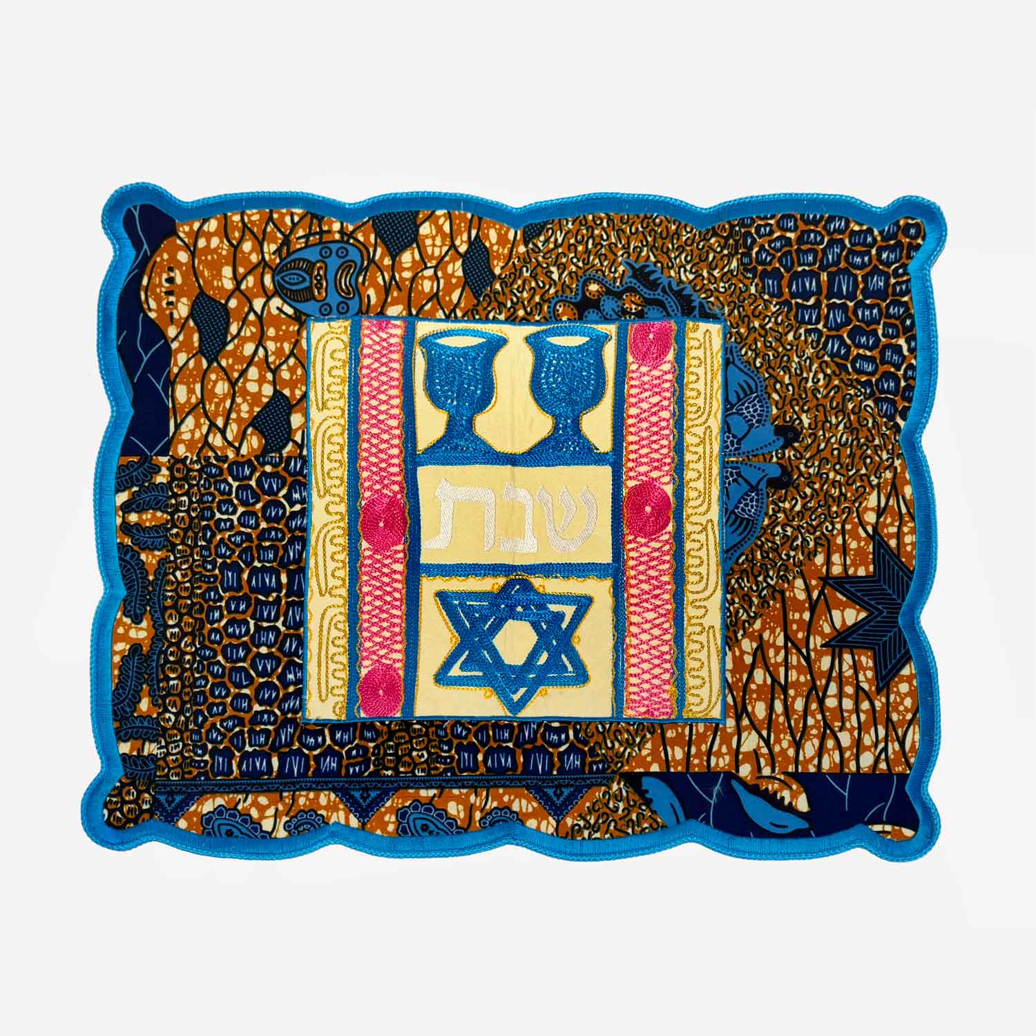 Challah Cover Kiddush Cups Magen David Tan/Blue - Petroff Gallery - Judaica