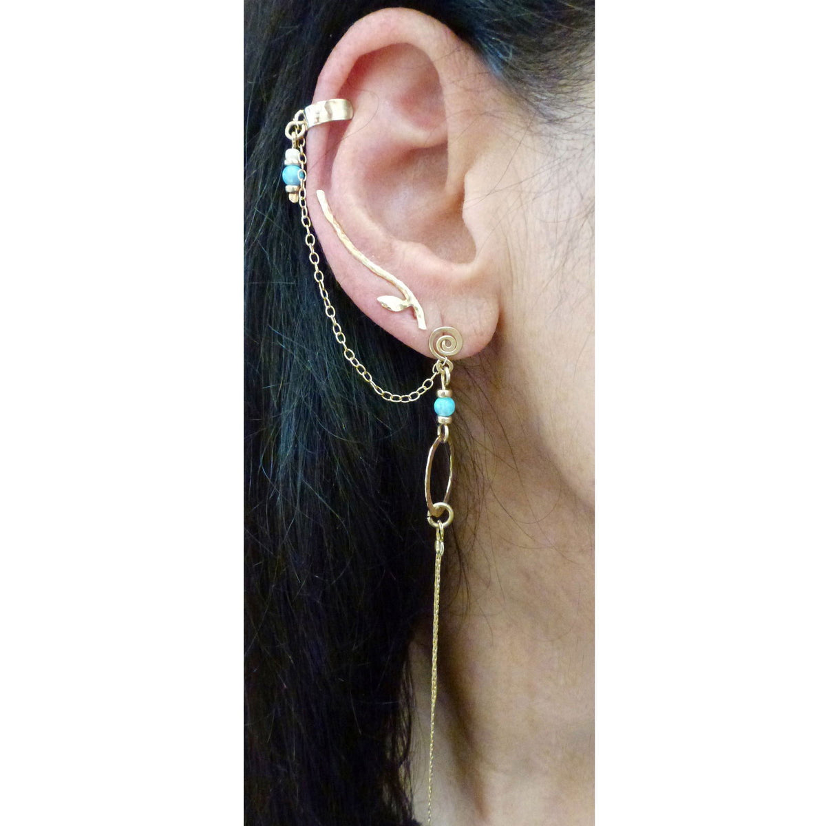 Hammered Ear Climber - Leaf - Right - Petroff Gallery