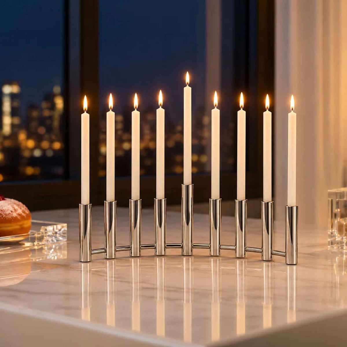 Modern Curve Menorah lit candles Judaica Petroff Gallery