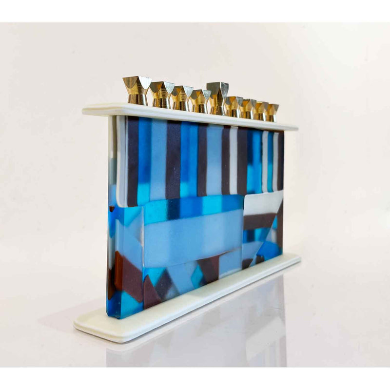 Blue White and Brown Quilt Menorah - Petroff Gallery - Judaica