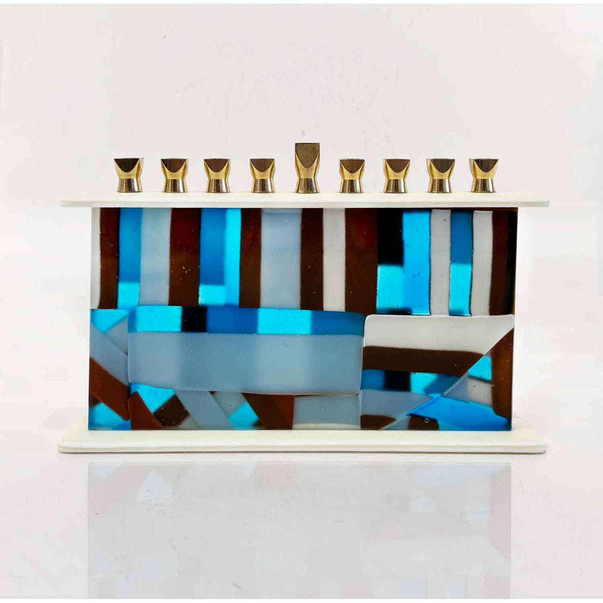 Blue White and Brown Quilt Menorah - Petroff Gallery - Judaica