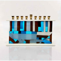 Blue White and Brown Quilt Menorah - Petroff Gallery - Judaica