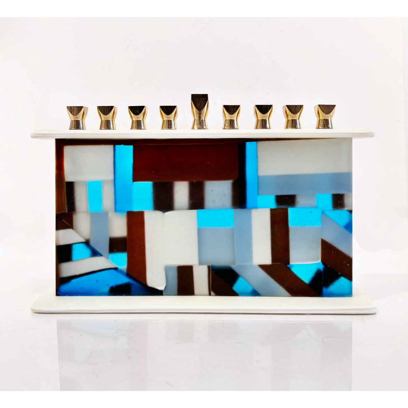 Blue White and Brown Quilt Menorah - Petroff Gallery - Judaica