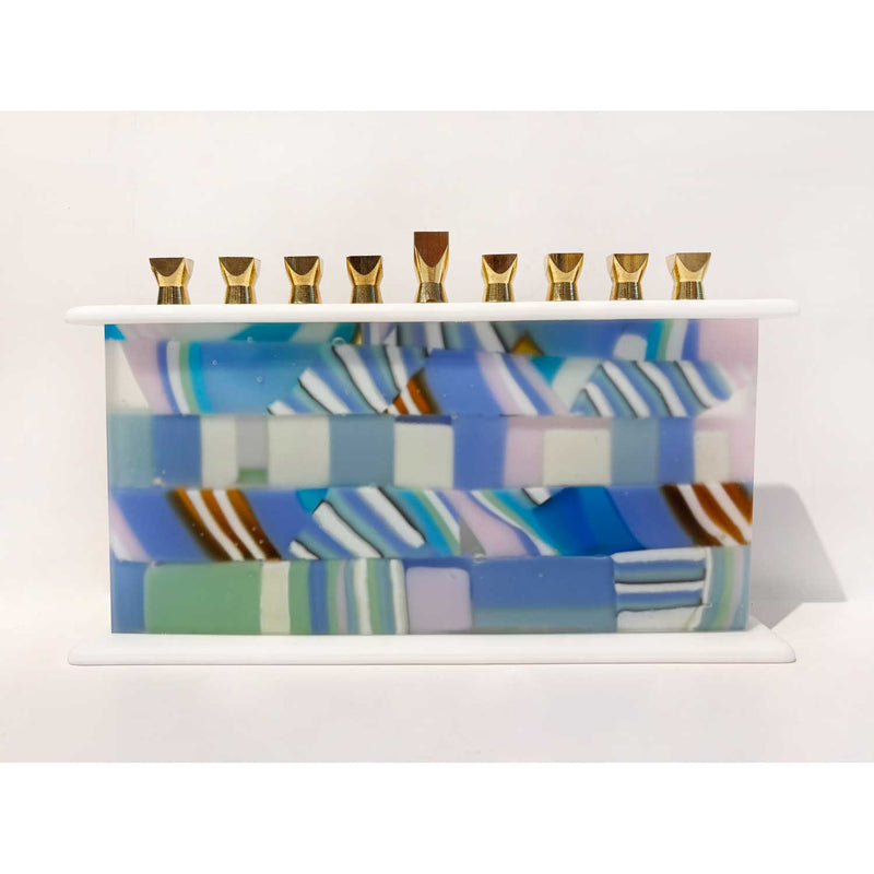 Pastel Pink and Blue Quilt Menorah - Petroff Gallery - Judaica