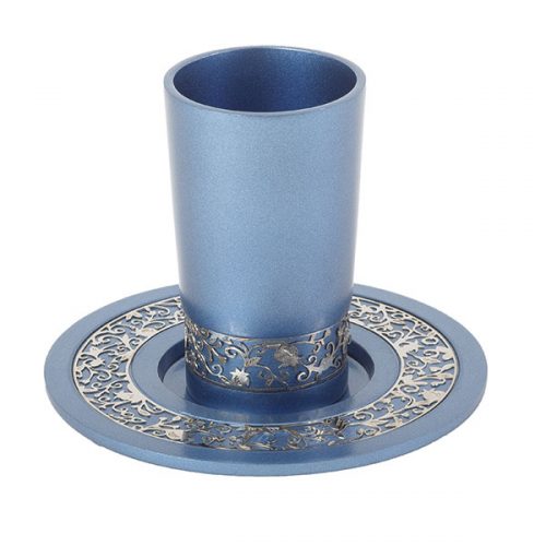 Blue Kiddush Cup with Pomegranate Metal Cutout - Petroff Gallery - Judaica