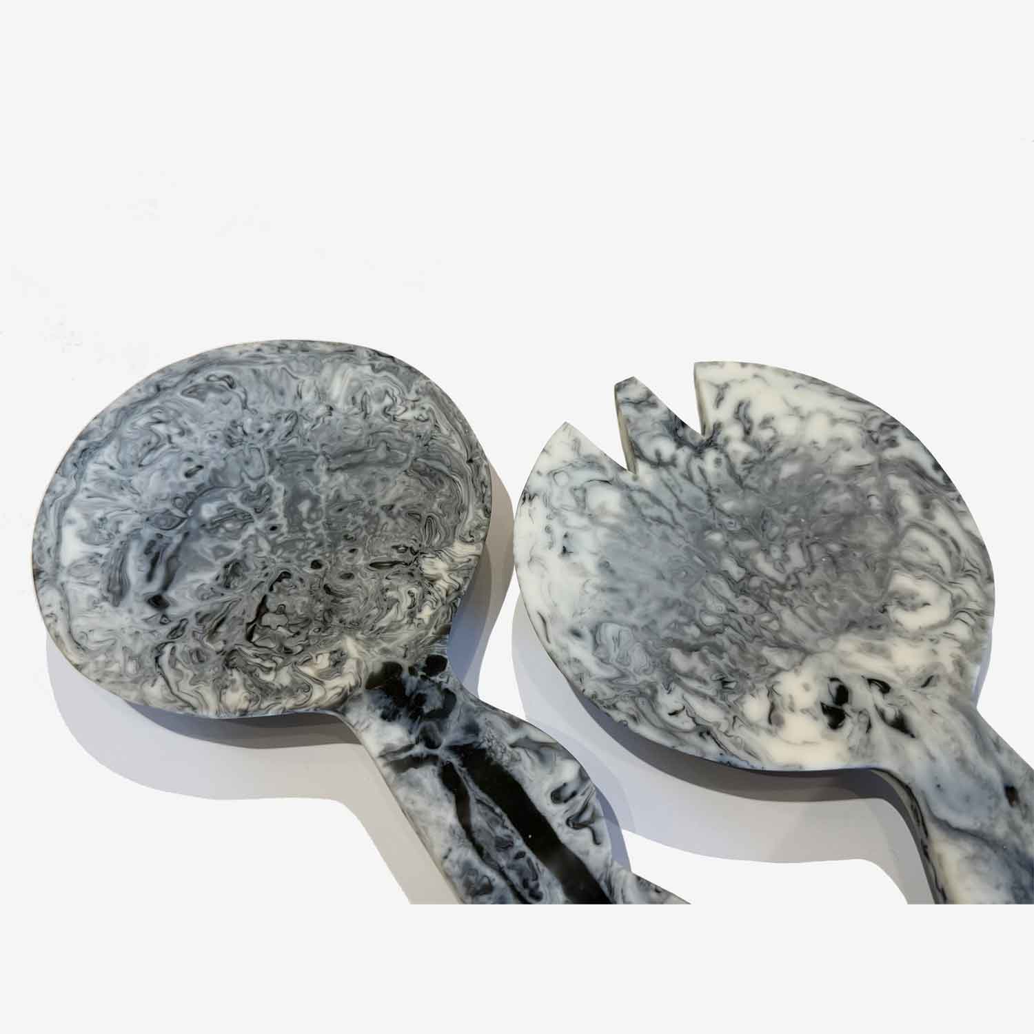 Large Black & White Swirl Salad Servers Detail - Petroff Gallery 