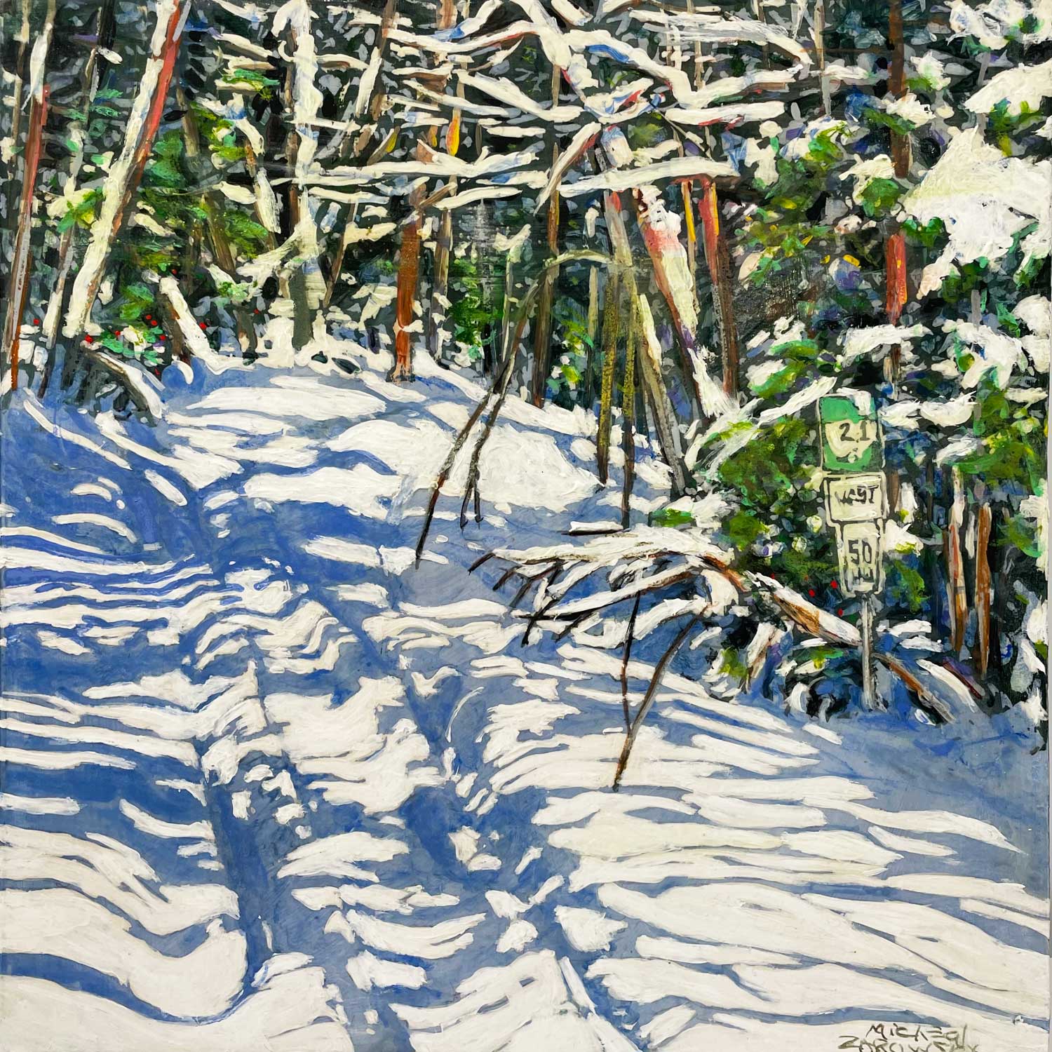 Late Winter Sun Following Gibson Lake Road Trail 16" x 16" - Petroff Gallery -  - Micheal Zarowsky - Late Winter Sun Following Gibson Lake Road Trail, 16" x 16"