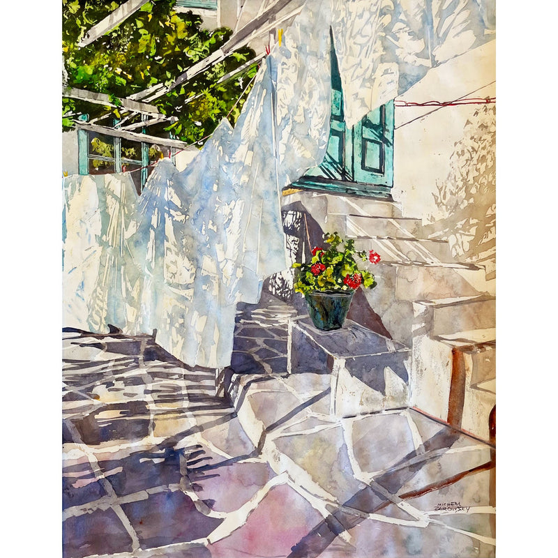 Laundry Day Mykonos 28" x 22" - Petroff Gallery -  - Micheal Zarowsky - Laundry Day Mykonos, 28" x 22"