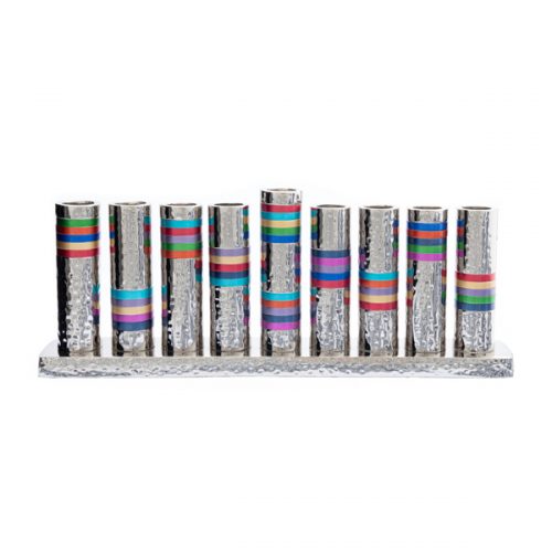Cylinder Hammer Work Menorah with Multicolour Rings - Petroff Gallery - Judaica