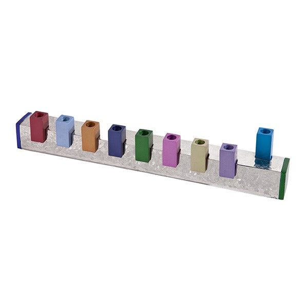 Multicolour Squares Menorah with Hammer Work - Petroff Gallery - Judaica