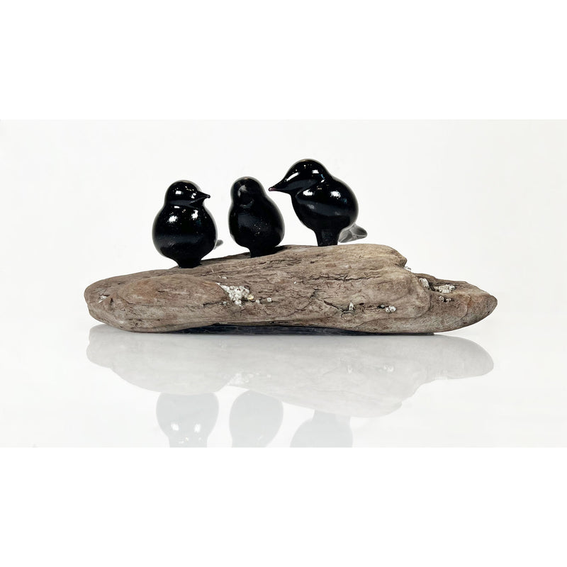 Bird Branch with 3 Black Birds - Petroff Gallery - Glass Art