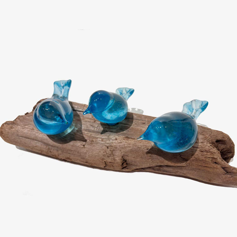 Bird Branch with 3 Copper Blue Birds - Petroff Gallery - Glass Art