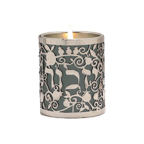 Memorial Candle Holder Pomegranate Meta Cutout Gray - Petroff Gallery - Judaica