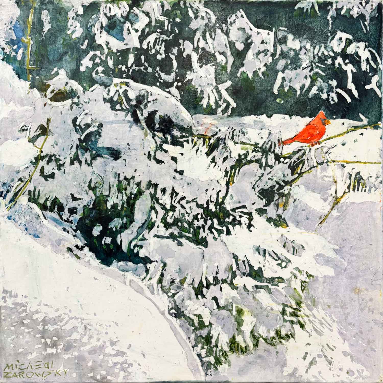 Overnight Snowfall with Wintering Cardinal 16" x 16" Petroff Gallery 