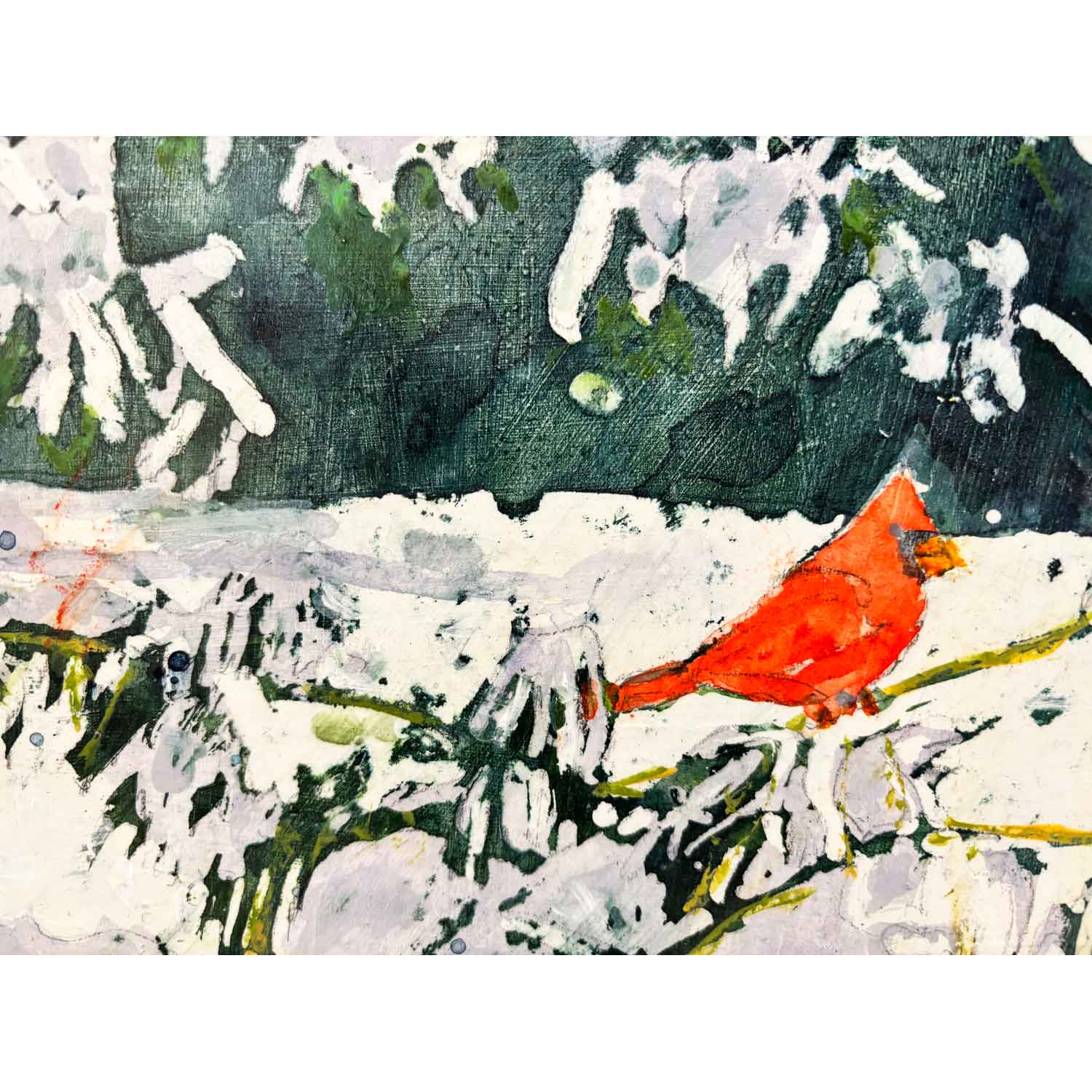 Overnight Snowfall with Wintering Cardinal 16" x 16" Petroff Gallery 