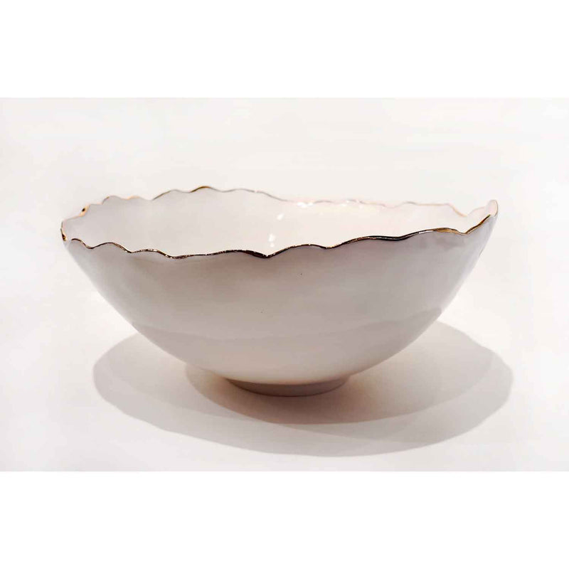 Large 22K Gold Rimmed White Bowl 1 - Petroff Gallery - Ceramic Art