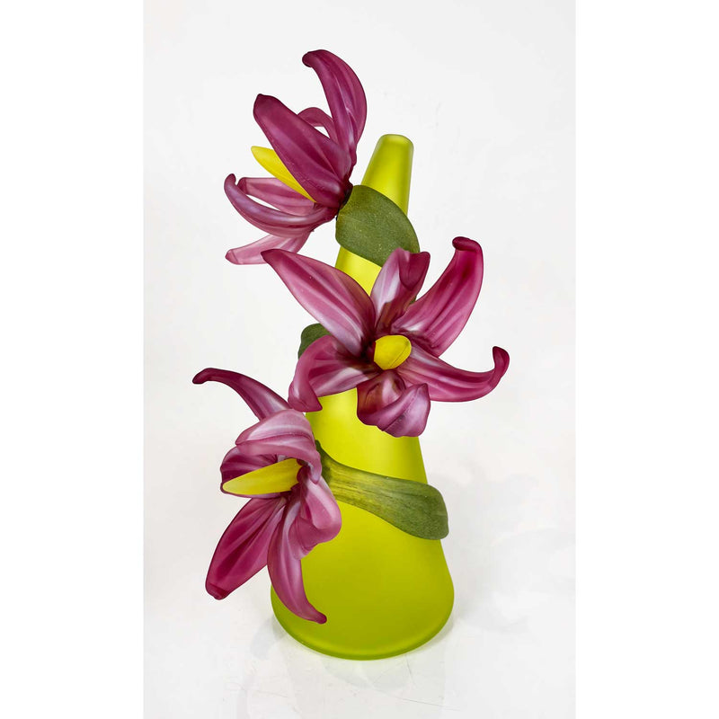 Large Sprig Vase Lime with Pink Lilies - Petroff Gallery - Glass Art