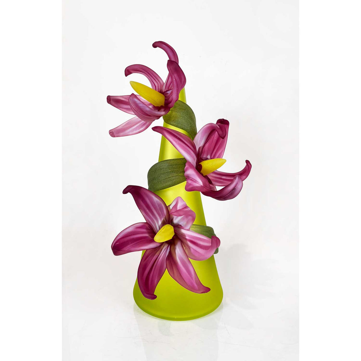 Large Sprig Vase Lime with Pink Lilies - Petroff Gallery - Glass Art
