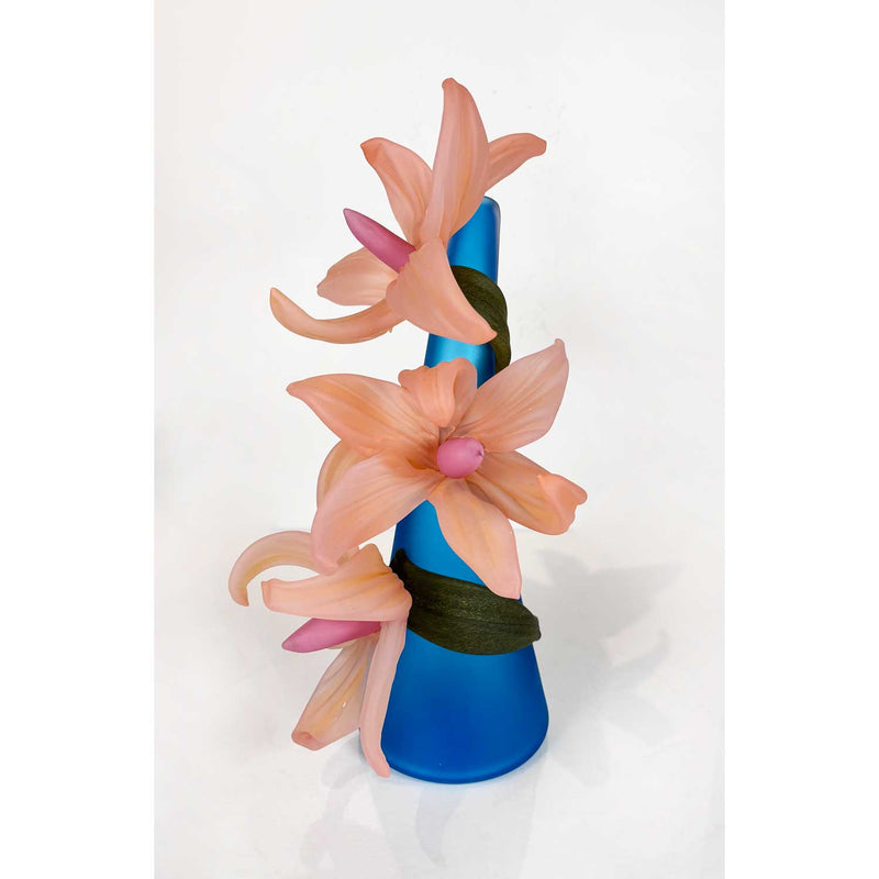 Large Sprig Vase Aqua with Salmon Lilies - Petroff Gallery - Glass Art