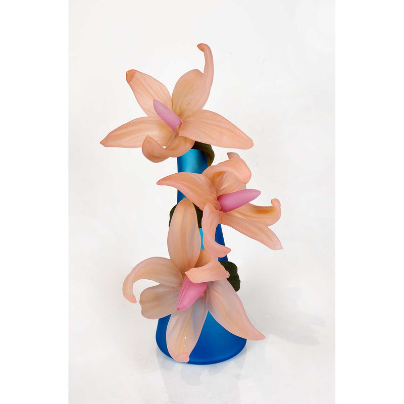 Large Sprig Vase Aqua with Salmon Lilies - Petroff Gallery - Glass Art
